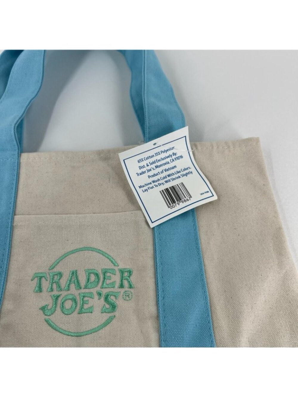 Trader Joes Mini Pastel Canvas Tote Bag Women Grocery Shopper Handbag Blue Beige - Picture 9 of 12